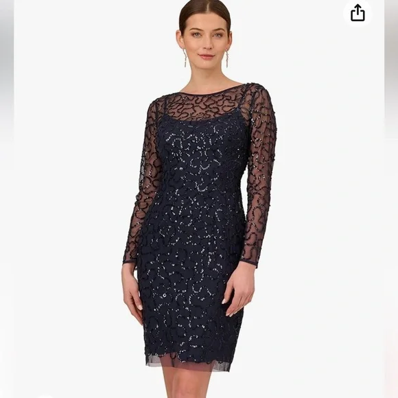 js collection beaded dress Js Collections Crew Neck Long Sleeve Embellished Ruched Waist Flutter Keyhole Back Mesh Gown